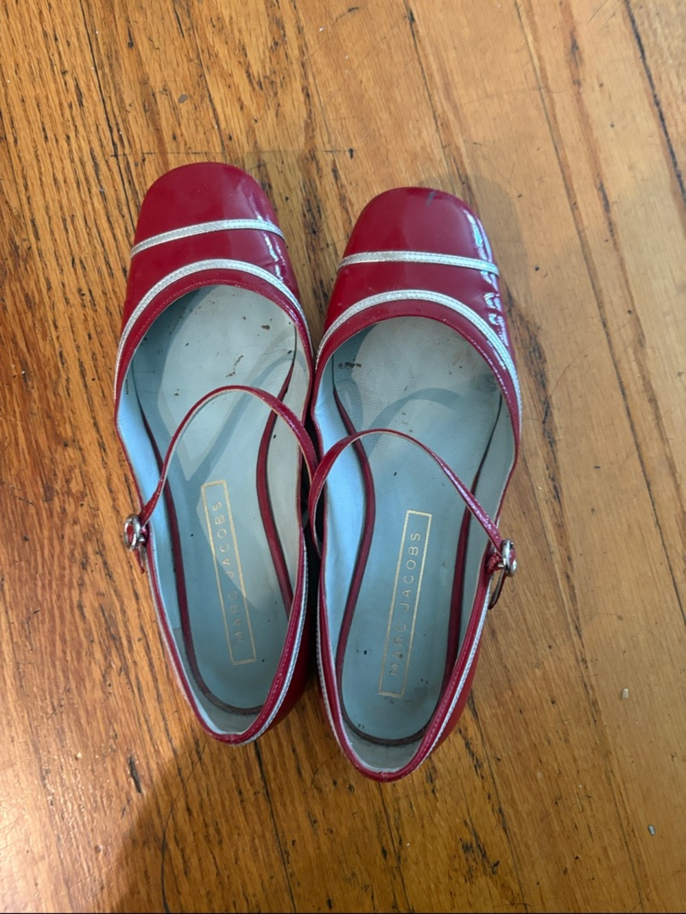 Marc Jacobs Red Patent Mary Jane Flats with Silver Accents